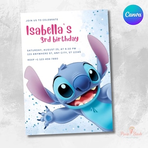 Modello di invito di compleanno a tema Stitch, invito modificabile a tema Stitch su Canva, invito stampabile, invito modificabile, Lilo e Stitch, Lilo e Stitch