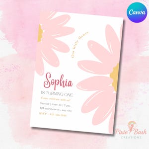 Little flower Birthday Party Invitation Template, floral pink Party Invite, Girls Party Invites, Editable Canva Template girls birthday