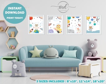 Weltraum Tiere Kinderzimmer Wanddeko Set, niedliche Tiere, Mädchen, Junge, Wandkunst, Vorlage, digital, printable, Kinderzimmer Set, Dschungel