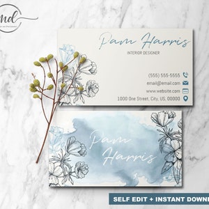 Visitenkarte Vorlage Blaue Blumen zum ausdrucken - DIY Instant Visitenkarte - Bearbeitbares Visitenkarten Design - Moderne Blumen Pastellfarben