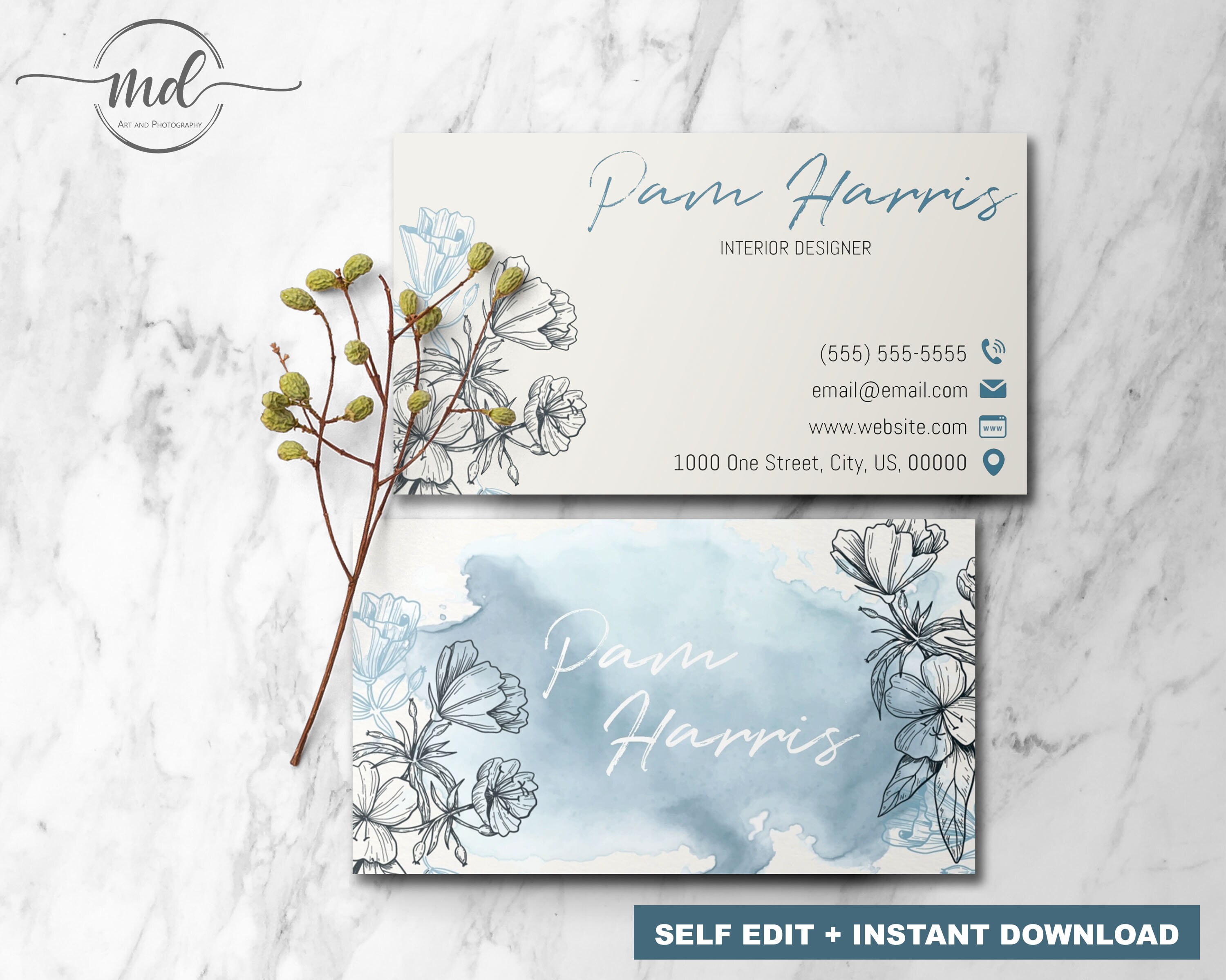Business Card Template Blue Flowers Printable DIY Instant Business Card
