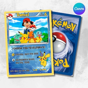 Invitation d'anniversaire Pokemon téléchargement numérique, invitation sur le thème de la carte Pokémon pour fête d'anniversaire pokecard pikachu