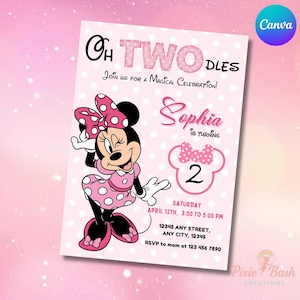 Geburtstagseinladung Minnie Maus Twodles Thema bearbeitbare Vorlage für Geburtstagsparty Invite Canva Druckbare Einladung Mädchen Kinder rosa
