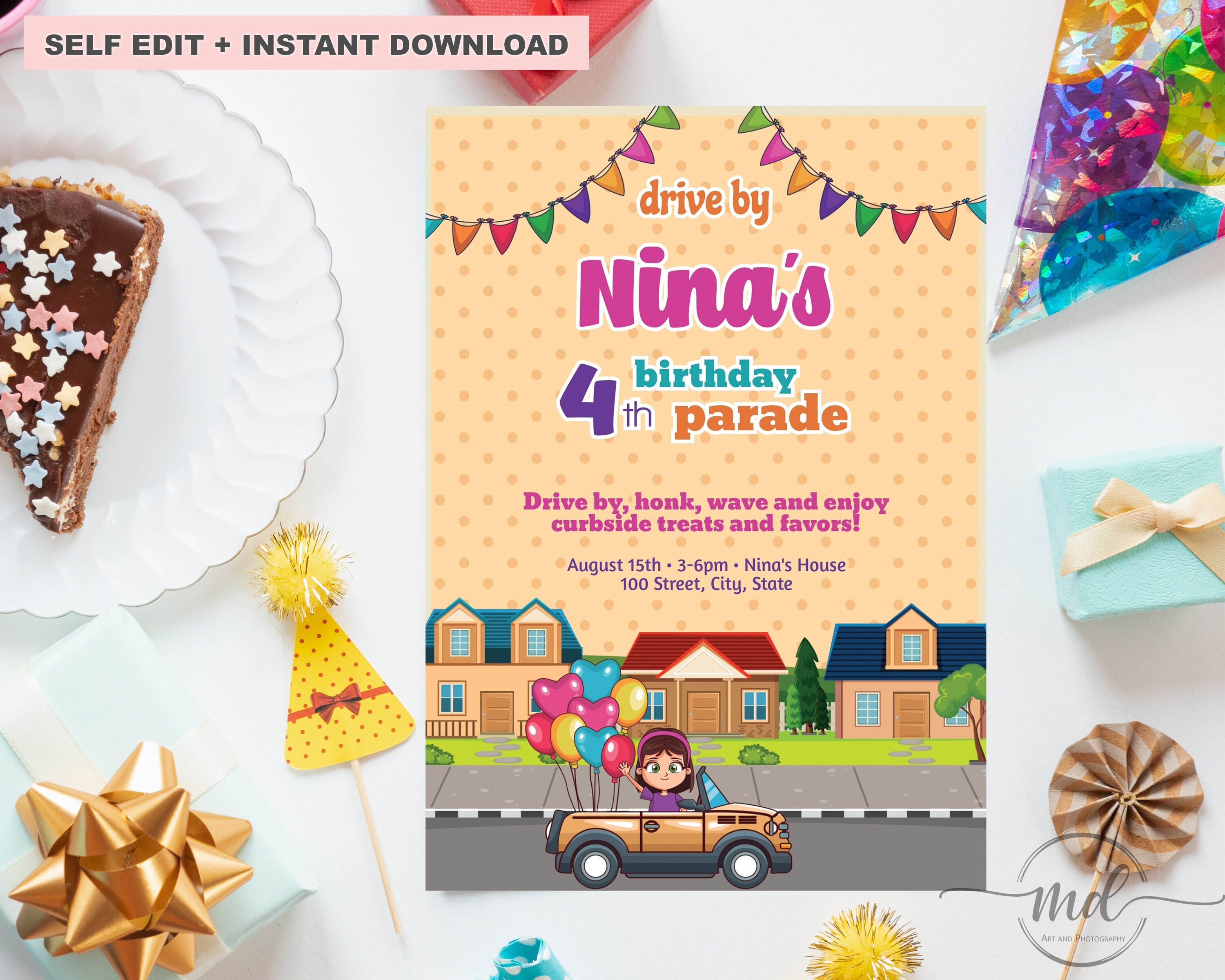 Drive by Birthday Party Invitation Template for Girl, Birthday Party ...