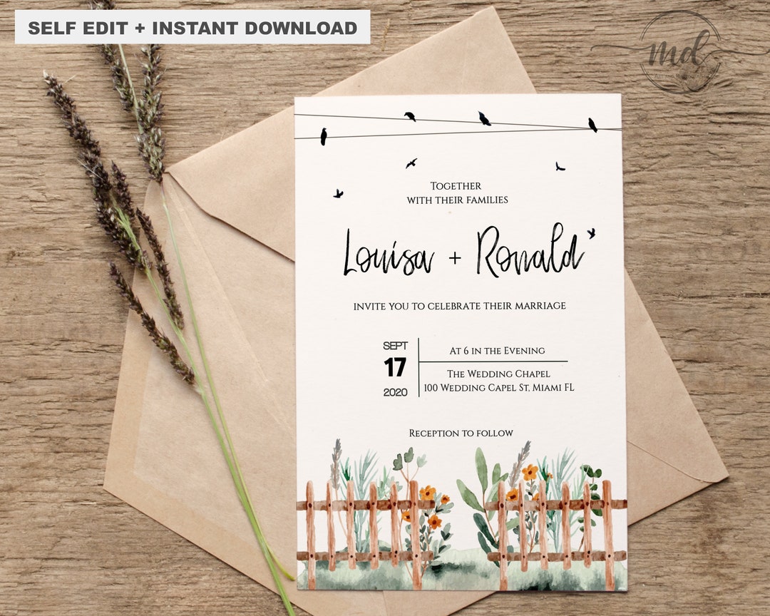 Garden Wedding Invitation Template Editable Wedding - Etsy