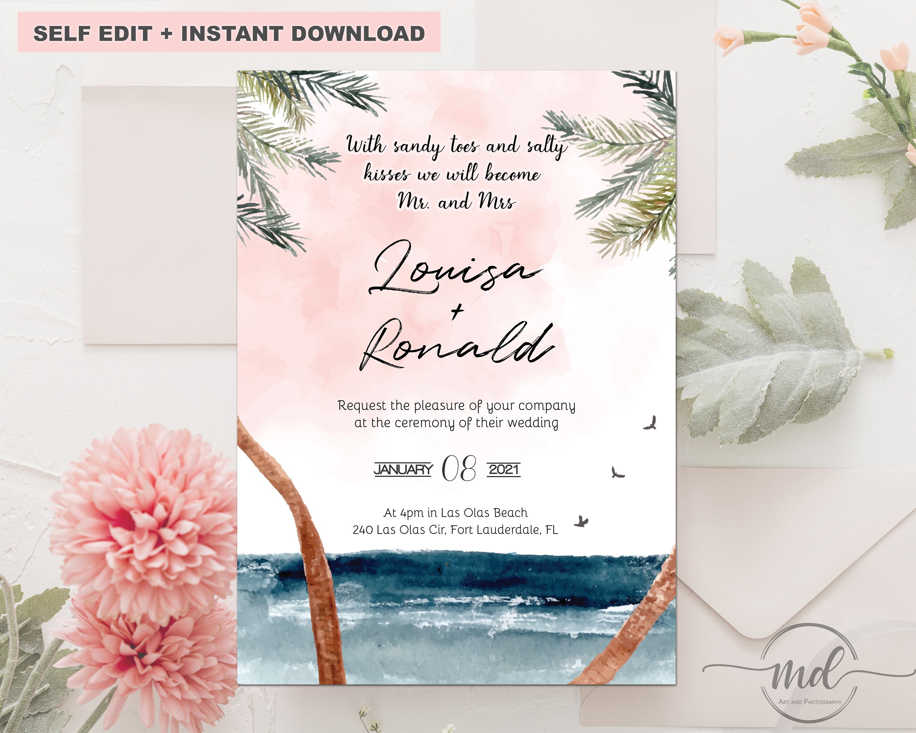 Beach Wedding Invitation Template, Beach Invitation, Editable, Wedding