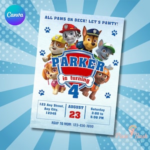 Modello di invito di compleanno Paw-ty, layout di invito Puppy Patrol Pup Crew, download immediato su Canva, invito stampabile per feste per bambini