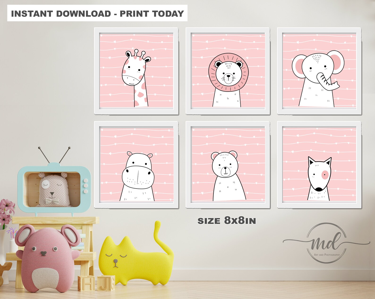 Pink Animals Nursery Wall Decor Set Cute Animals Girl Etsy