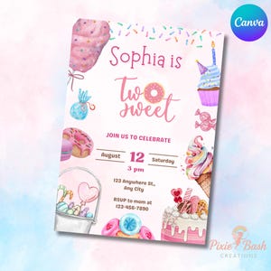 May include: A birthday party invitation in pink and white, featuring the text "Sophia is Two Sweet." The design includes watercolour illustrations of sweets such as cupcakes, ice cream, and donuts. The date of the party is August 12.