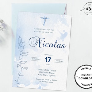 Blue Baptism Invitation, Baby Boy Baptism Invitation Template, Baptism invite for boy, Christening Printable invite, editable invite, DIY