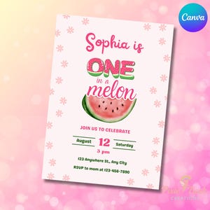 Puede incluir: Invitación de cumpleaños rosa y blanca con el texto "Sophia cumple UN año en una sandía". La invitación incluye un gráfico de sandía y detalles de la celebración: 12 de agosto, 3 pm y una dirección.
