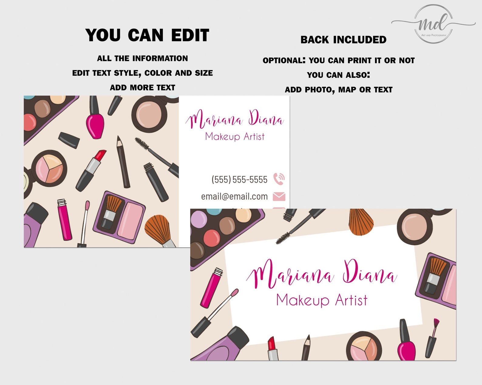 Business Card Template Makeup Artist Printable DIY Instant Etsy