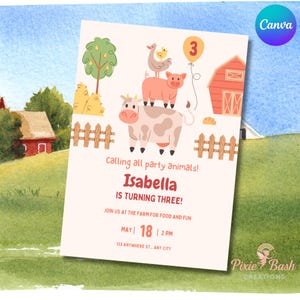 Farm Birthday Invitation, Farm Animals Party Invite, Barnyard Animals Ranch Kids Birthday Invitation girl pink digital invitation Canva