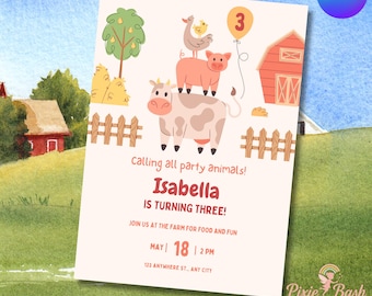 Invitación de cumpleaños de granja, invitación para fiesta de animales de granja, invitación de cumpleaños infantil de rancho con animales de corral, invitación digital rosa para niña Canva