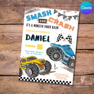 Monster truck Birthday Invitation editable template  birthday party Invite Printable Canva instant download monster trucks