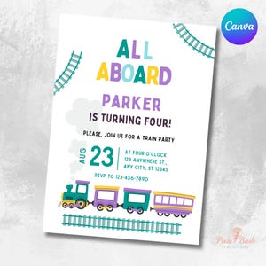Puede incluir: Una invitación blanca con un tema de tren. El texto dice "All Aboard Parker is turning four!" con un gráfico de tren en la parte inferior. La fecha es el 23 de agosto. Se incluye información de RSVP.