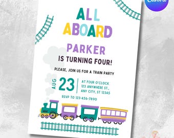Editable Birthday Invitation choo choo train theme template kids birthday party Invite Printable Canva instant download 4th birthday four