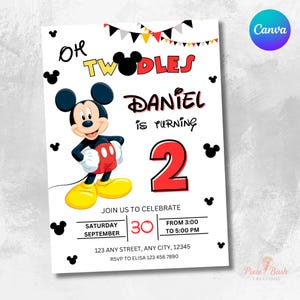 Micky Maus Geburtstagseinladung bearbeitbare Vorlage für Kinder einladen 2 Jahre alt Partyeinladung Layout für Canva Sofort-Download Twodles