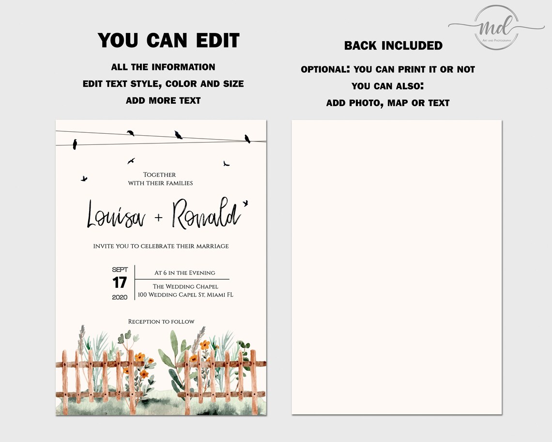 Garden Wedding Invitation Template Editable Wedding - Etsy