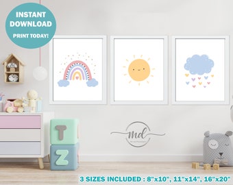 Pastel Rainbow Prints Conjunto de 3 carteles, Decoración de la guardería Rainbow, Decoración de la habitación para niños, Arte de la pared del arco iris imprimible, Habitación para bebés, DESCARGA DIGITAL