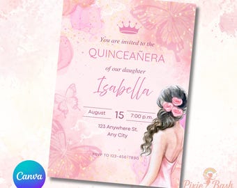 Edytowalne zaproszenie na Quinceanera w kolorze różowym, kwiaty motyli, Mis Quince Años, szablon zaproszeń do druku Canva, zaproszenie na sukienkę księżniczki