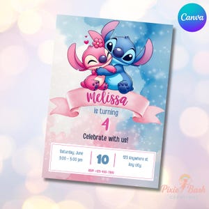 Stitch and angel Birthday Invitation Template, Editable Stitch Invite Canva, Printable invite, editable invitation, lilo and stitch