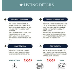 May include: A digital download listing details graphic with instructions for instant download, easy sewing, and copyright information. The graphic includes icons for download, print, and sew.