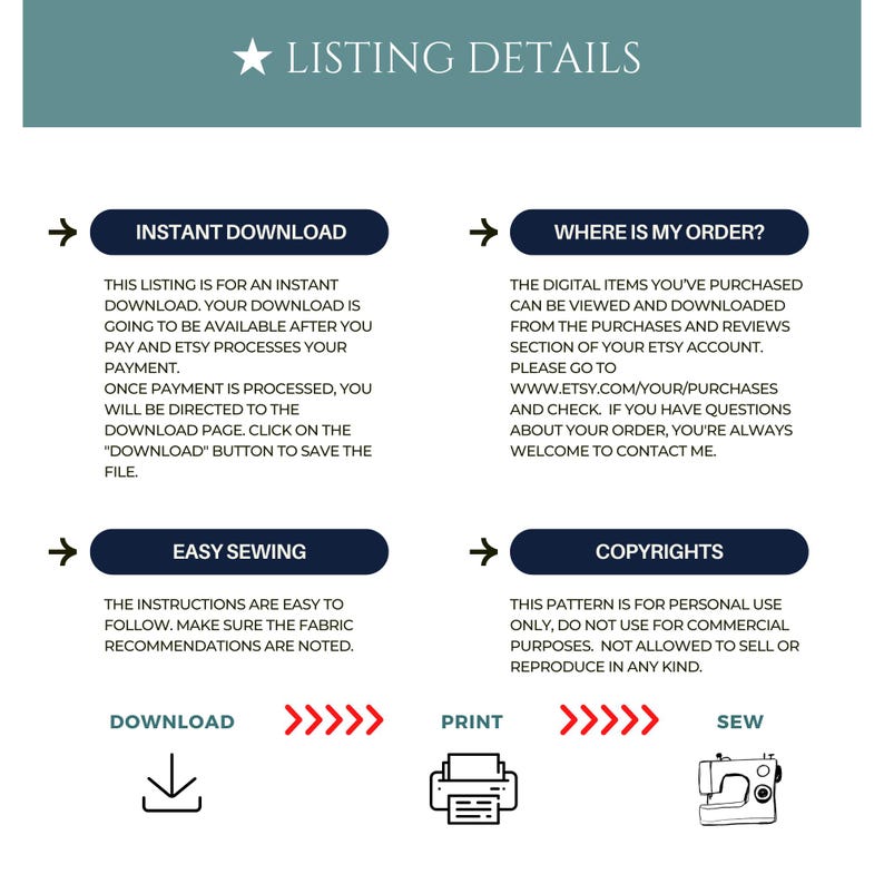 May include: A digital download listing details graphic with instructions for instant download, easy sewing, and copyright information. The graphic includes icons for download, print, and sew.