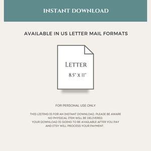 May include: Instant download available in US letter mail format. The image shows a white rectangle with the text "LETTER" and "8.5" x 11" written inside. The text "FOR PERSONAL USE ONLY" is written below the rectangle. The text "THIS LISTING IS FOR AN INSTANT DOWNLOAD. PLEASE BE AWARE NO PHYSICAL ITEM WILL BE DELIVERED. YOUR DOWNLOAD IS GOING TO BE AVAILABLE AFTER YOU PAY AND ETSY WILL PROCESS YOUR PAYMENT." is written below the text "FOR PERSONAL USE ONLY".