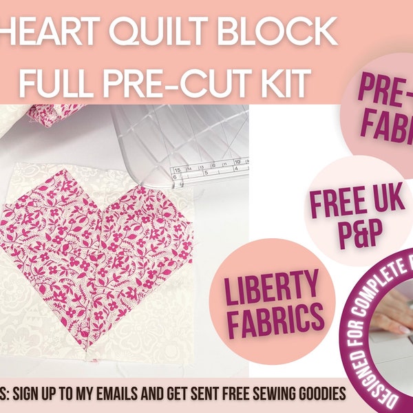 Heart quilt block kit, precut quilt kits, Liberty fabric, make your own blanket, patchwork heart block, easy quilt block pattern, quilt