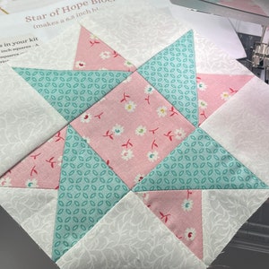 Digital PDF pattern for a beginner-friendly Star of Hope quilt block. Perfect for adding a touch of hope and positivity to any project. Easy to follow instructions included.