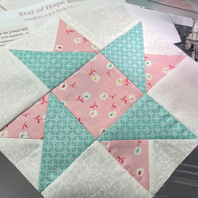 Digital PDF pattern for a beginner-friendly Star of Hope quilt block. Perfect for adding a touch of hope and positivity to any project. Easy to follow instructions included.