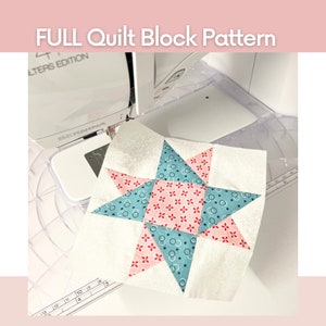 May include: A white quilt block with a star design in pink, blue, and white fabrics. The block is being sewn on a white sewing machine.