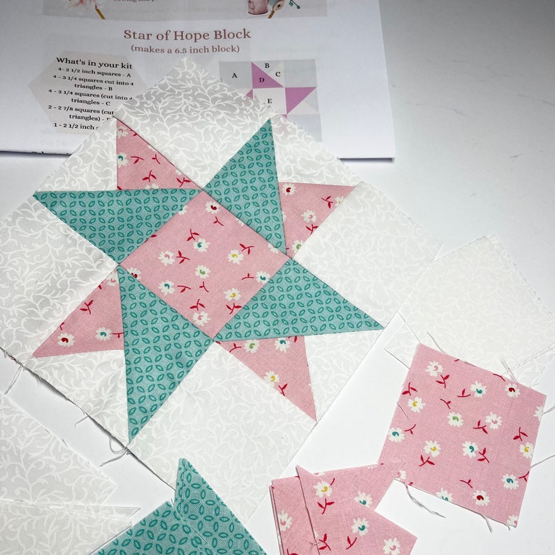 Downloadable PDF pattern for a Star of Hope beginner quilt block. Perfect for those new to quilting. With clear instructions and illustrations, you'll have a stunning quilt block in no time.