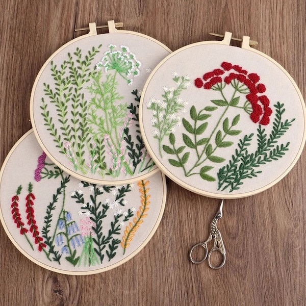 Embroidery kit for beginner, modern plants embroidery kit with pattern, floral embroidery full kit with needlepoint hoop, DIY craft kits