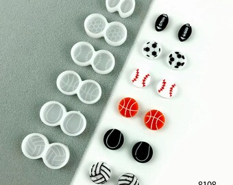 May include: A set of 10 silicone molds for making resin earrings. The molds are shaped like different sports balls, including footballs, soccer balls, baseballs, basketballs, and volleyballs. The molds are white and have a smooth finish. 8108