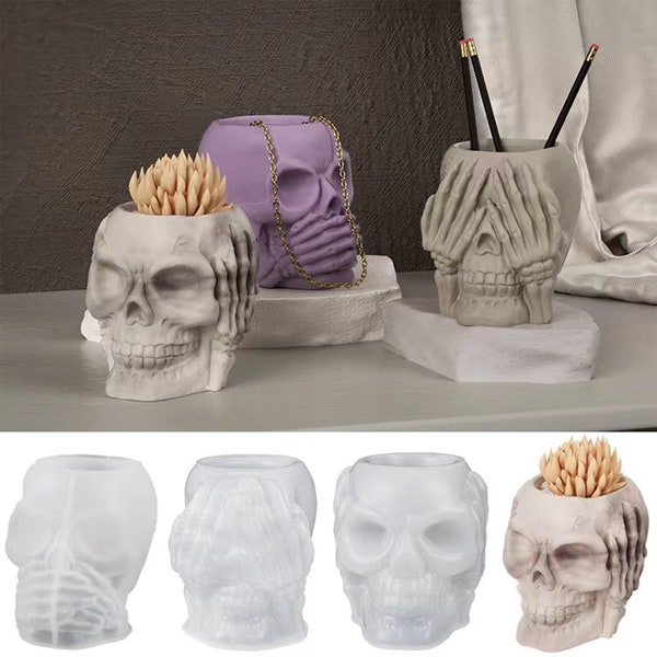 Support tête de mort moules en résine, moule tête de mort en résine, moule tête de mort en silicone pour plâtre résine argile ciment gypse, bricolage époxy tête de mort porte stylo moule artisanat