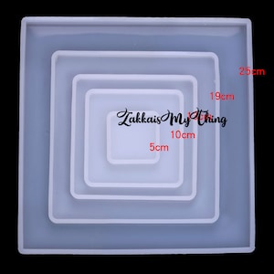 May include: A white silicone mould with four square shapes, measuring 5 cm, 10 cm, 19 cm, and 25 cm. The mould is designed for creating resin crafts.