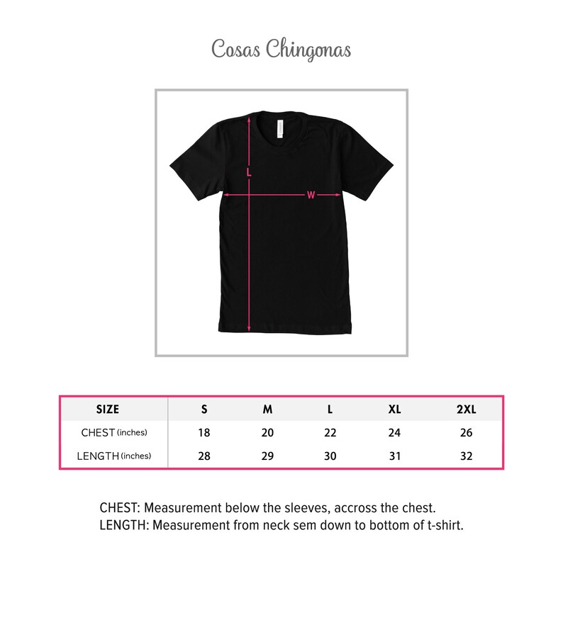 Puede incluir: Tabla de tallas para una camiseta con medidas en pulgadas para el pecho y la longitud. Las tallas incluyen S, M, L, XL y 2XL.
