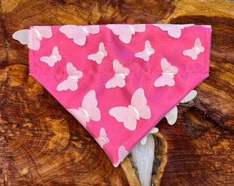 Pink Butterfly Satin Dog Bandana Snap On or Over the Collar
