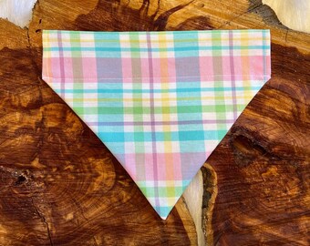 Pastel Plaid Dog Bandana Snap On or Over the Collar