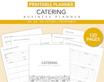 May include: A printable catering business planner with 120 pages. The planner includes sections for recipe cards, menu cost worksheets, catering menu events, order forms, inventory lists, and custom catering menus. The cover features a black and white illustration of various food and catering related icons.