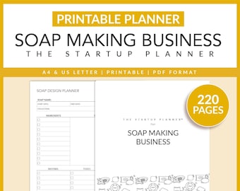 May include: A printable planner for a soap making business. The planner includes sections for soap design, ingredients, materials, tools, notes, pricing, tracking, batch logs, and recipes. The planner is 220 pages long and includes illustrations of soap bars.