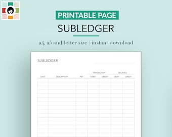 Subledger | Printable | PDF | US Letter | A4 | A5 | Instant Download | Accounting | Ledgers | Bookkeeping | Small Businesses |