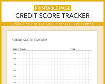 May include: A printable credit score tracker with a grid for recording scores over time. The tracker includes a section for target score, year, and a grid with numbers from 400 to 850.