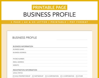Business Profile Printable: Entrepreneur Planner (US Letter, A4) (Instant Download)