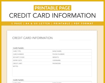 Credit Card Information | Personal Finances Planner | Debt Payoff | Credit Cards | Financial Management | Printable | A4 | US Letter