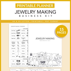 Könnte beinhalten: Ein druckbares Schmuck-Herstellungs-Business-Kit mit 15 Seiten an Vorlagen und Checklisten. Das Kit enthält einen Schmuck-Design-Planer, eine Checkliste für Schmuck-Herstellungswerkzeuge und eine Tabelle mit Schmuckkettenarten. Das Cover zeigt eine Schwarzweißillustration von drei Frauen, die Schmuck tragen, und den Text "Schmuckladen".