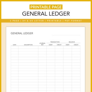 General Ledger Bookkeeping Business Finances Accounting Ledger Small Business Owner Entrepreneur PDF Printable A4 US image 1