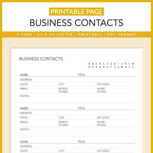 Business Contacts, Printable, Business Planner, Entrepreneur Planner, Business Forms, Business Organizer, Letter, A4, Instant Download